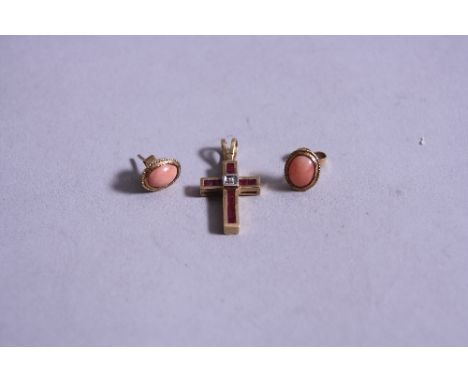 A 9CT RUBY AND DIAMOND CROSS PENDANT, and a pair of 9ct coral earrings