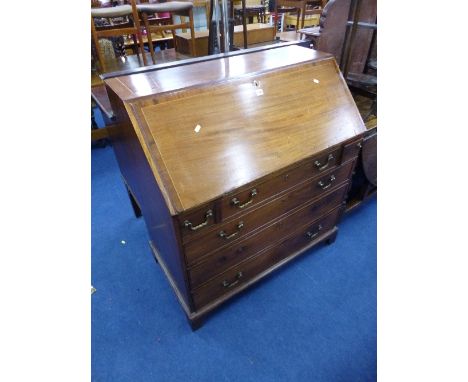 A GEORGIAN MAHOGANY WRITING BUREAU, with three drawers of varying sizes above three long drawers, bracket feet supports