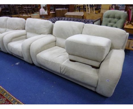 A THREE PIECE SUITE WITH SUEDE UPHOLSTERY, comprising two seater settee, armchair and pouffe (matching previous lot)