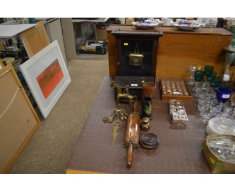 A small oak and glazed cabinet; a carved wooden trinket box; a small bamboo brush pot; an Eastern carving set etc.