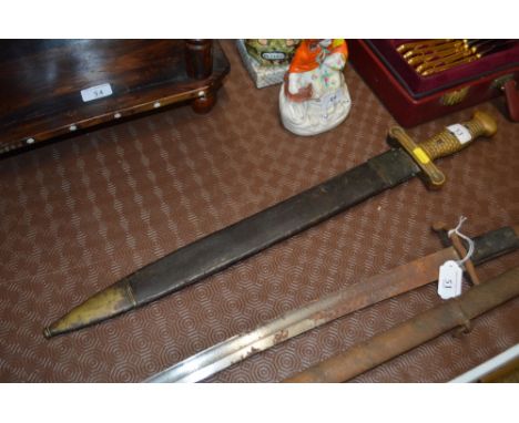 A 19th Century French style artillery Gladius type sword, numbered 2389, with leather and brass scabbard