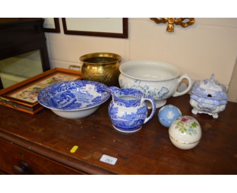 A Copeland Spode Italian patterned bowl and jug; an Edwardian chamber pot; brass jardiniere; a tiled tray etc
