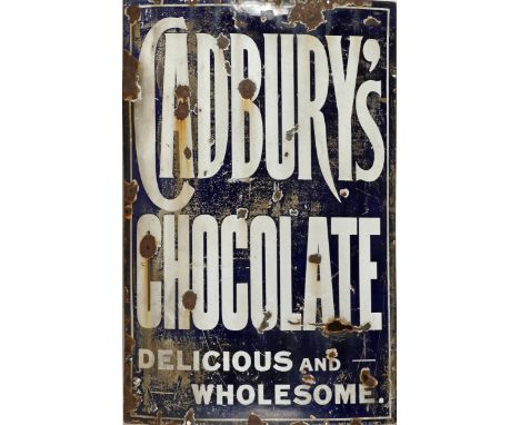 Enamel metal advertising sign "Cadbury's -Chocolate - Delicious and Wholesome", Imperial Enamel Co. Birmingham. 36½" x 24" (9