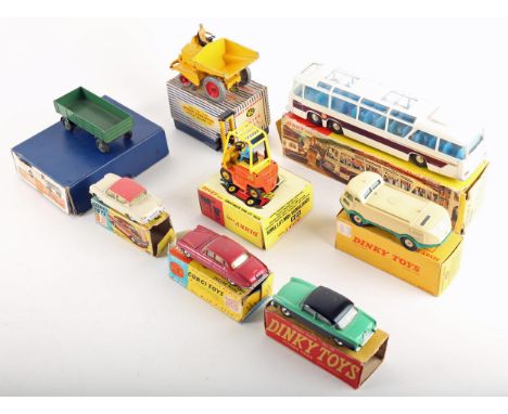 Die-cast models, boxed. Dinky 596 Street Sweeping Machine; Dinky 952 Vega Major Luxury Coach; Dinky 165 Humber Hawk; Dinky 96
