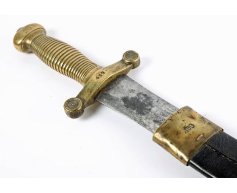 French Model 1831 foot artillery sword, in the form of a Roman Gladdus, the double-edged blade on cast brass hilt, the cross 