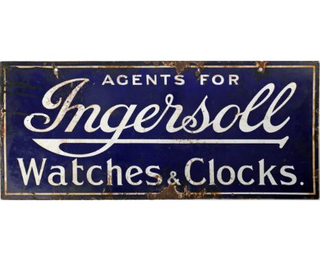 Enamel metal, two-sided, hanging advertising sign "Agents for - Ingersoll - Watches &amp; Clocks", white text on blue backgro
