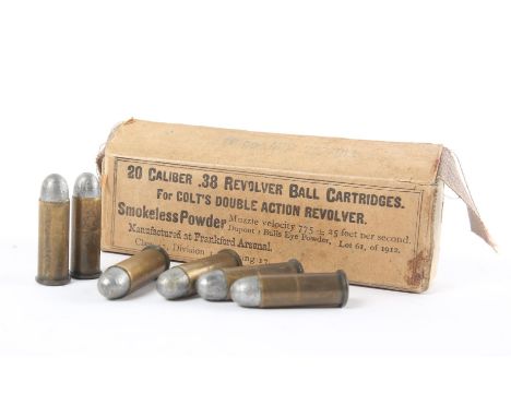 Inert 1913, .38 caliber Colt revolver ball cartridges, box of 20, in box of issue. Owned by Frederick Burton, B Company, 3rd 