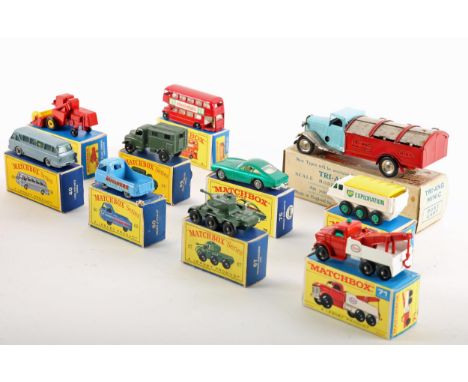 Die cast models, boxed, Matchbox: 5 London Bus; 40 Long Distance Coach; 60 Morris J2 Pick-Up; 65 Claas Combine Harvester; 67 