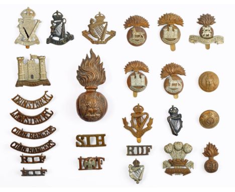 Irish Regiments in the British Army, a collection of cap badges, shoulder titles etc. includes Royal Irish Fusiliers (Princes