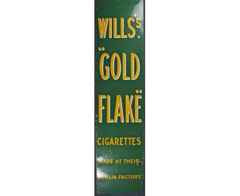 Irish enamel metal advertising sign "Will's - Gold - Flake - Cigarettes - Made at Their - Dublin Factory", 88" x 22" (223 x 5