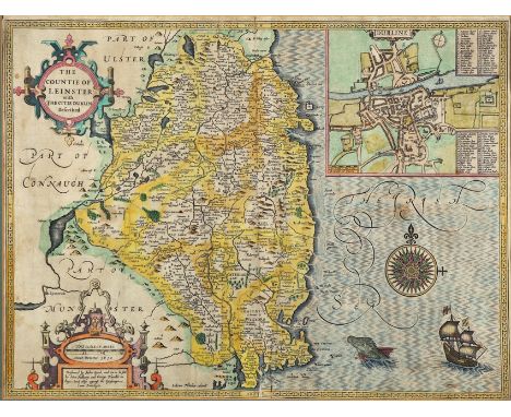 John Speed 17th Century engraved and hand-coloured maps of the four provinces of Ireland. The titles, the Arms of Ireland and