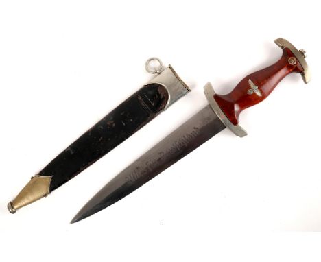 1933-1945 German NSKK dagger. A late-model Nationalsozialistisches Kraftfahrkorps dagger, the double edged blade etched 'Alle