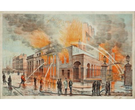 Theatre Royal, Hawkins Street, Dublin in flames with firemen fighting the blaze, 9 February 1880, colour lithograph, 14" x 21