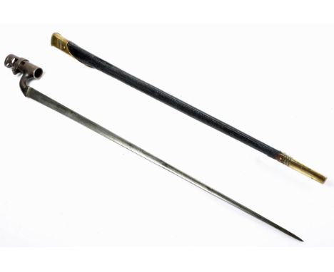 An 1876-pattern socket bayonet for use with the .577/450 caliber Martini-Henry rifle, in brass mounted black leather scabbard