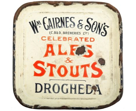 Wm. Cairnes &amp; Son's Drogheda, Celebrated Ales &amp; Stouts, square enamel tray, white ground with black and red raised le