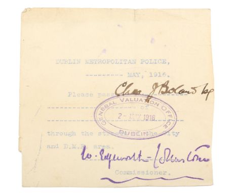 1916 Rising: Dublin Metropolitan Police travel pass through the streets of the City and D.M.P. area. Mimeograph, manuscript a