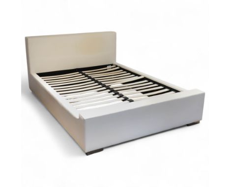 Contemporary upholstered double size bed frame, plain rectangular headboard and footboard upholstered in cream faux leather, 