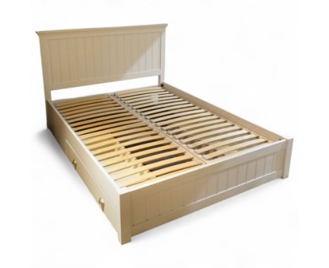 Downton 5' Kingsize contemporary white painted double bed frame, with tongue and groove style panelled headboard and footboar
