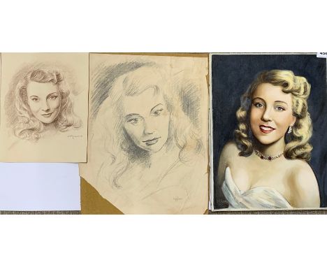 A 1950's oil on canvas portrait of a young woman, signed J E Kean, size 35 x 46cm. Together with two further sketches.