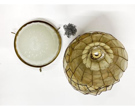 A glass and gilt metal ceiling light shade, Dia. 31cm, with a group of mother of pearl light shades.