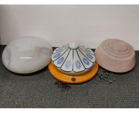 Three 1930's glass ceiling light shades, largest Dia. 36cm (one slightly A/F).