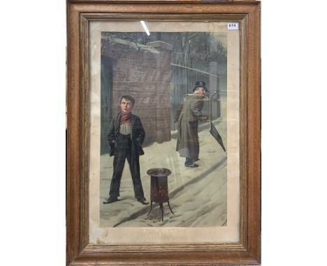 A large oak framed Victorian print 'The Snowball- Guilty or Not Guilty?' Frame size 69 x 93cm.