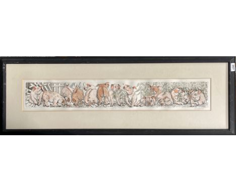 A framed pencil signed Ltd edition 102/350 print by Enid Groves titled 'Bacon bits III', frame size 38 x 107. No glass.