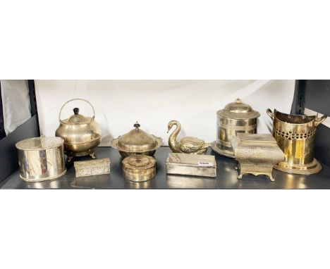 A silver plated tea caddy and other good silver plated items.