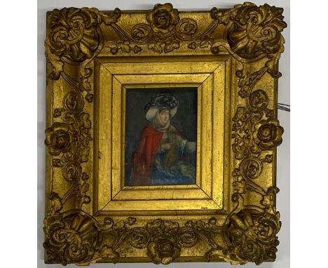 A gilt framed 18th century watercolour portrait of a young woman, frame size 22 x 24cm.