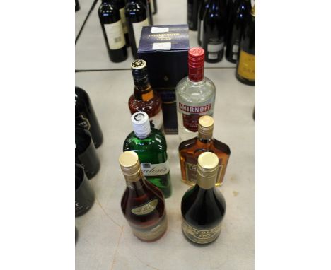 One 70cl bottle of Courvoiser VSOP Cognac with gift box, one bottle Martell VS cognac, two bottles of Brandy, and three other