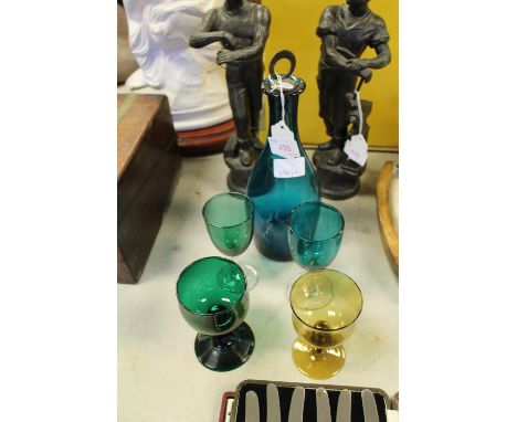 Coloured glass decanter, glasses etc