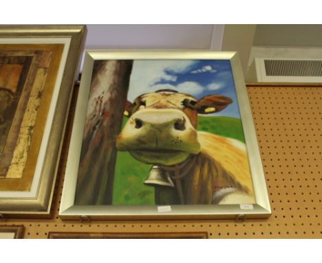 Raz Paz, oil painting, Cow portrait, in silvered frame
