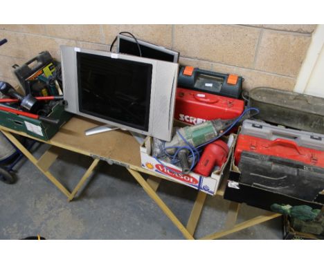 Several boxes various, mainly tools including drills, sanders , TV, computer monitor etc