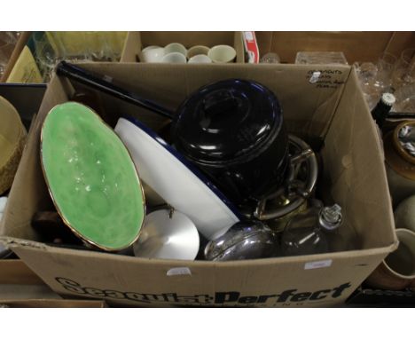 Box miscellaneous, light shades, enamel pan etc