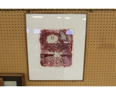 Coloured etching on hand made paper - 'Headful of Leaves', in oak frame, inscribed