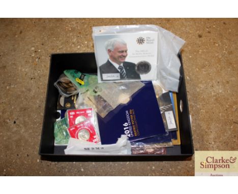 A box containing Beatrix Potter 50p, Bobby Robson commemorative medal, Decimal Coin set etc. 