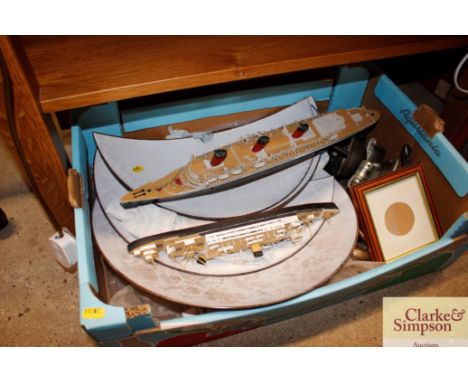 A box containing various light fittings; two model steam ships etc. 