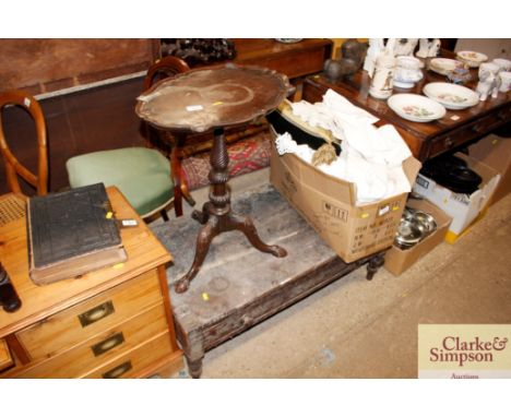 A tripod table together with an adapted coffee table fitted single drawer