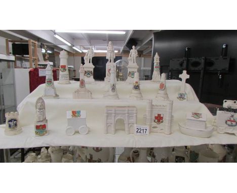 Approximately 19 pieces of crested ware including Drake, Bunyan, clock tower, light houses, marble arch, coal truck etc., (co