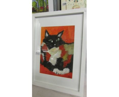 A framed and glazed acrylic of a tabby cat initialed K C.  (Collect only).