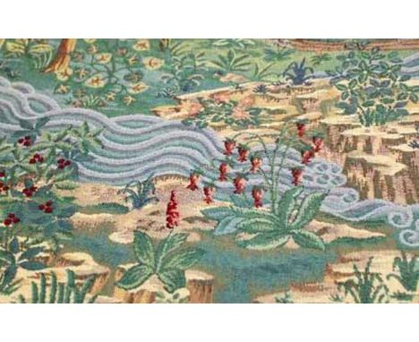 TWO LATE 20TH CENTURY STYLE TAPESTRY WALL HANGINGS
both designs of pastural view of gardens and landscapes from windows, one 
