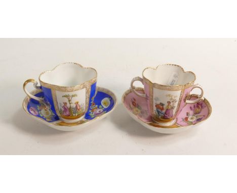 Two Dresden porcelain cups and saucers, one two handled cup &amp; saucer on pink ground together with another similar cup &am