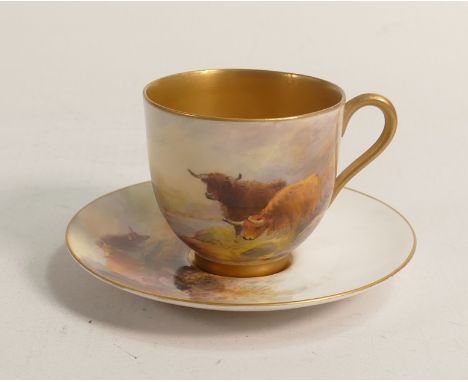 Royal Worcester small cup &amp; saucer, hand painted with Highland cattle by H Stinton, puce mark, cup h.5cm. 