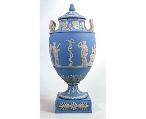 Wedgwood light blue Jasperware two handled urn &amp; cover, decorated all around with classical scenes, C1900, impressed mark