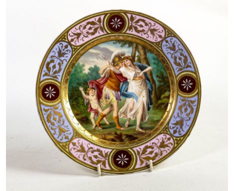 Vienna circular plate, Cleopatra, painted with classical figures and cherub, the rim with alternating oval panels in pink and