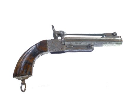 Percussion pistol with folding spike, 29cm long, hammer pulls half cocks / cocks back &amp; fires on both barrels, length 30c