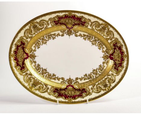 De Lamerie Fine Bone China marbled Burgundy Majestic patterned oval platter, specially made high end quality item,  diameter 