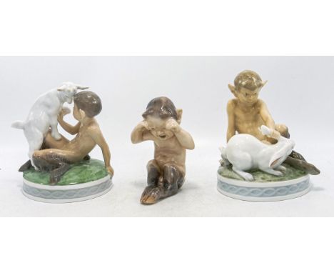 Royal Copenhagen model of Pan with goat 498, Pan with rabbit 439 and seated Pan crying 202. (3) 