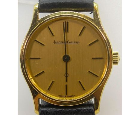 Jaeger-Lecoultre 18ct hallmarked gold ladies wrist watch 25.5mm diameter inc. button. Ref 140.004.1.  Bears original second h