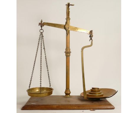Early 20th century brass set of apothecary scales with weights Day &amp; Millward Ltd., height 57cm. 